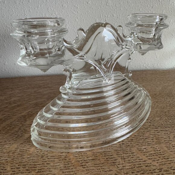 Vintage L.E. Smith Double Candlestick Holder, 1930s Art Deco Ribbed Glass - Picture 5 of 6